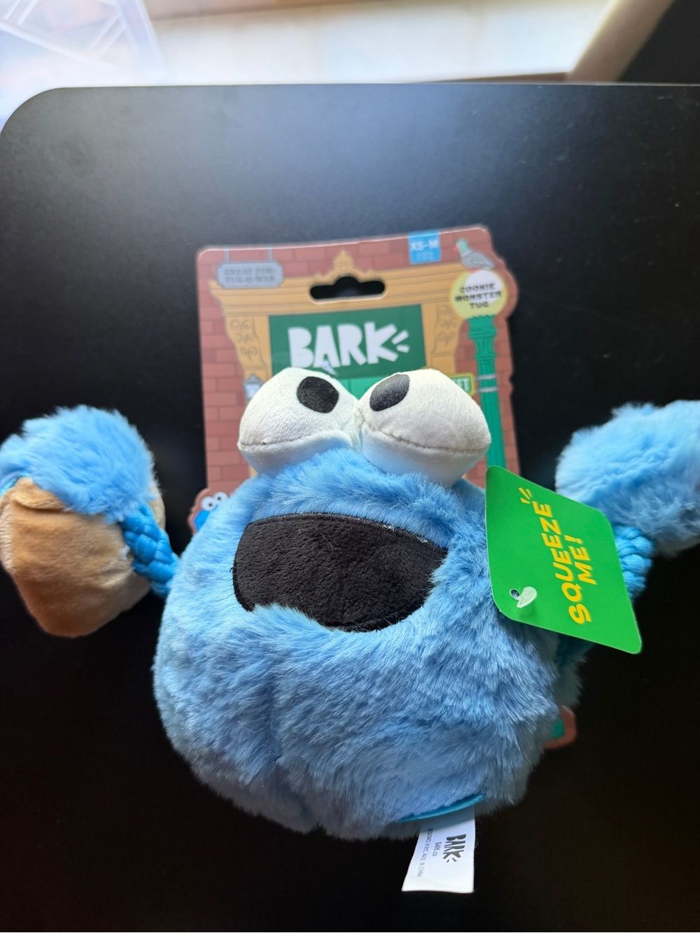 New Bark Sesame Street Cookie Monster Tug Toy XS-M 0-50 lbs Squeaker Crinkle